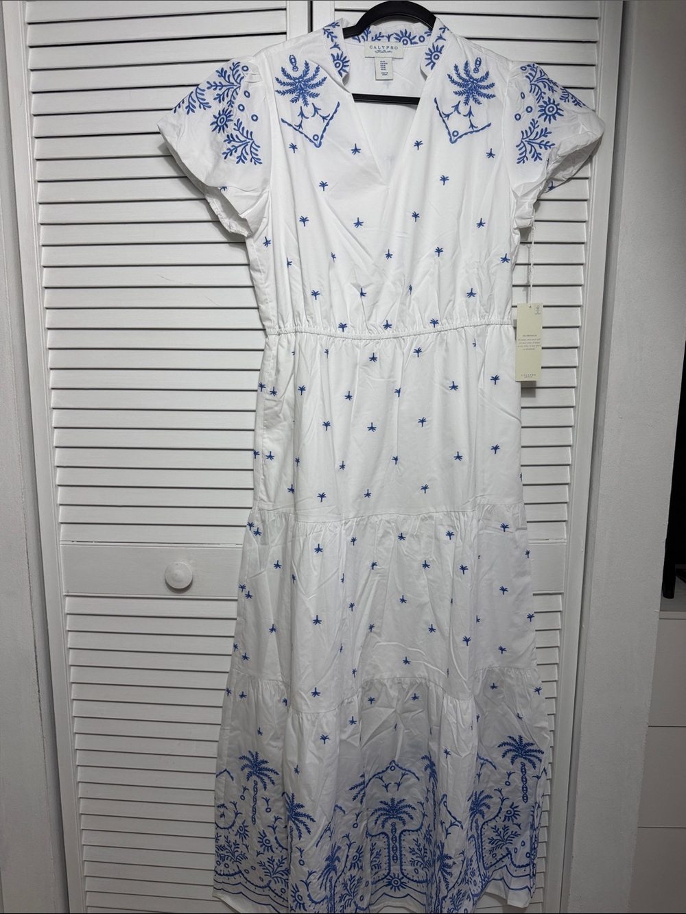 CALYPSO ST BARTH BLUE AND WHITE EMBROIDERY V-NECK MAXI DRESS M NWT - Picture 9 of 15